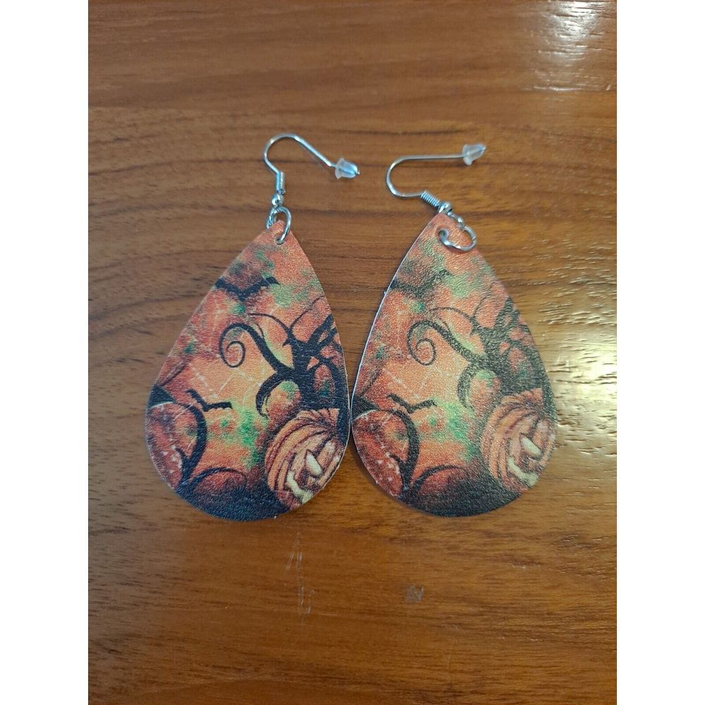 Halloween Faux Leather‎ Bat Teardrop Earrings New Not Worn Double-Sided Design